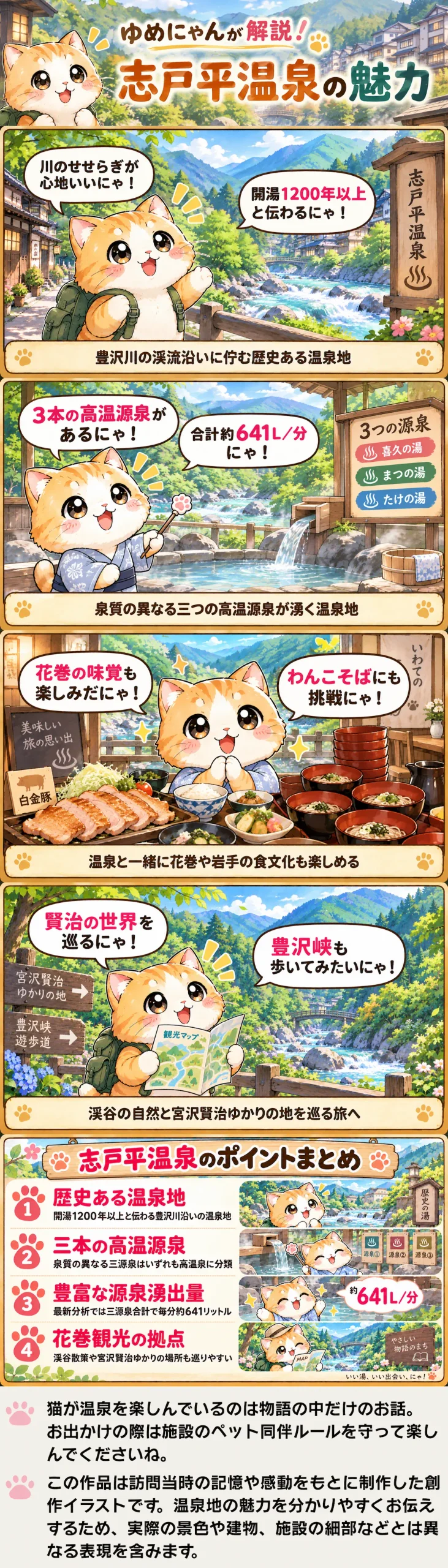 志戸平温泉の魅力を詰め込んだ4コマ漫画。高温源泉と渓流、花巻の食や宮沢賢治の世界を紹介。