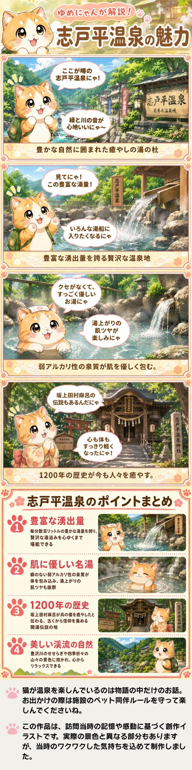 志戸平温泉の魅力を詰め込んだ4コマ漫画。猫のゆめにゃんが豊かな湯量や肌ツヤの良さ、歴史の深さを紹介。