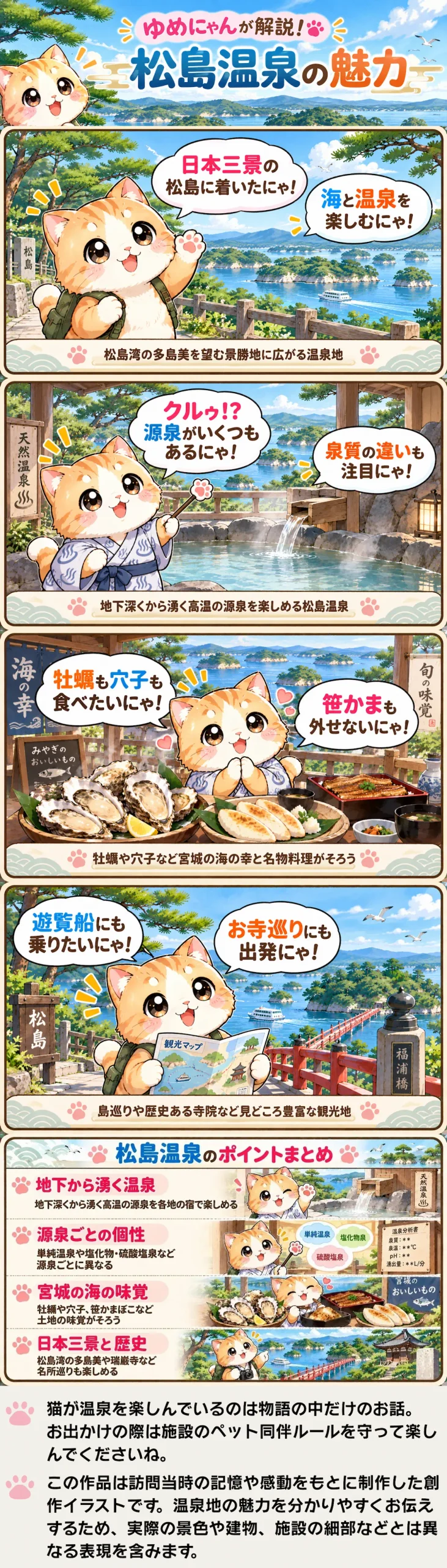 松島温泉の魅力を詰め込んだ4コマ漫画。温泉と海の幸、日本三景の名所をゆめにゃんが紹介。