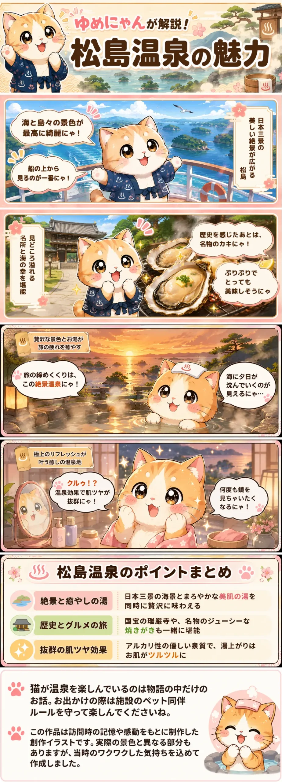 松島温泉の魅力を詰め込んだ4コマ漫画。ゆめにゃんが絶景、グルメ、美肌の湯を楽しむ様子を描いたイラスト。