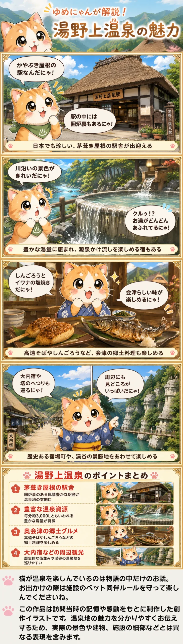 湯野上温泉の魅力を詰め込んだ4コマ漫画。茅葺き駅舎や豊富な温泉、郷土料理、周辺観光をゆめにゃんが紹介。