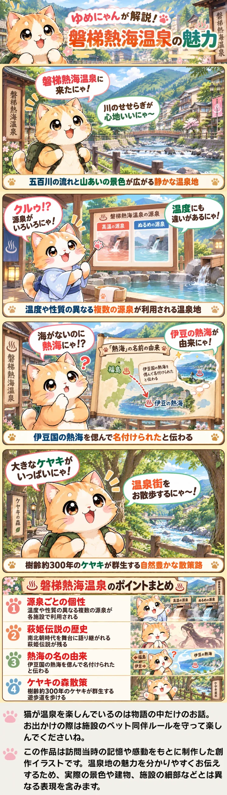 磐梯熱海温泉の魅力を詰め込んだ4コマ漫画。温泉、歴史、五百川沿いの自然をゆめにゃんが紹介。