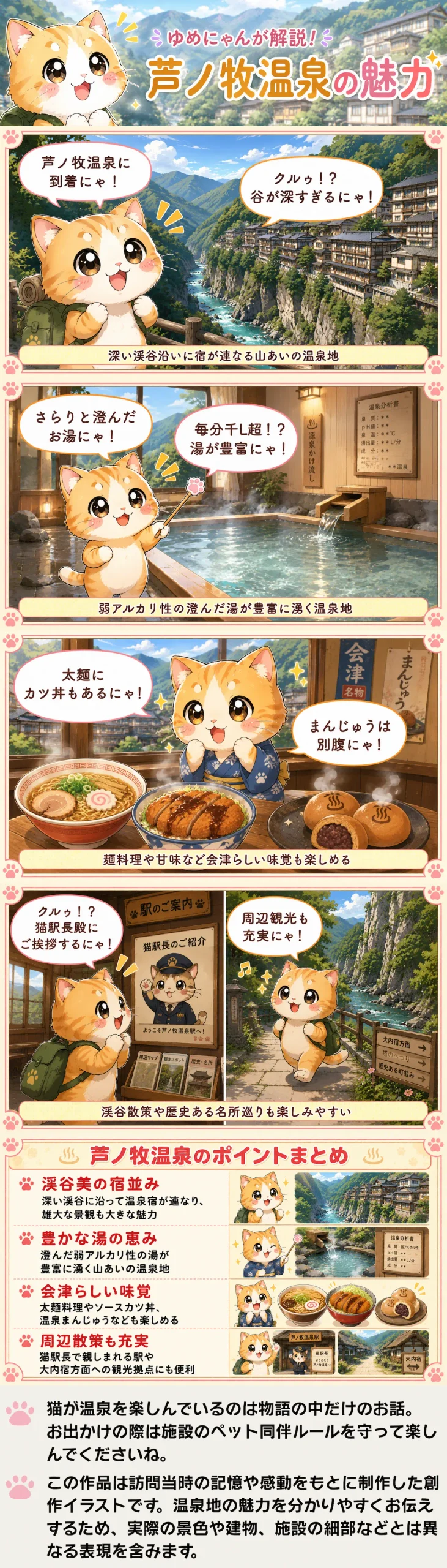 芦ノ牧温泉の魅力を詰め込んだ4コマ漫画。渓谷美、豊かな湯、会津グルメ、猫駅長や周辺観光を紹介