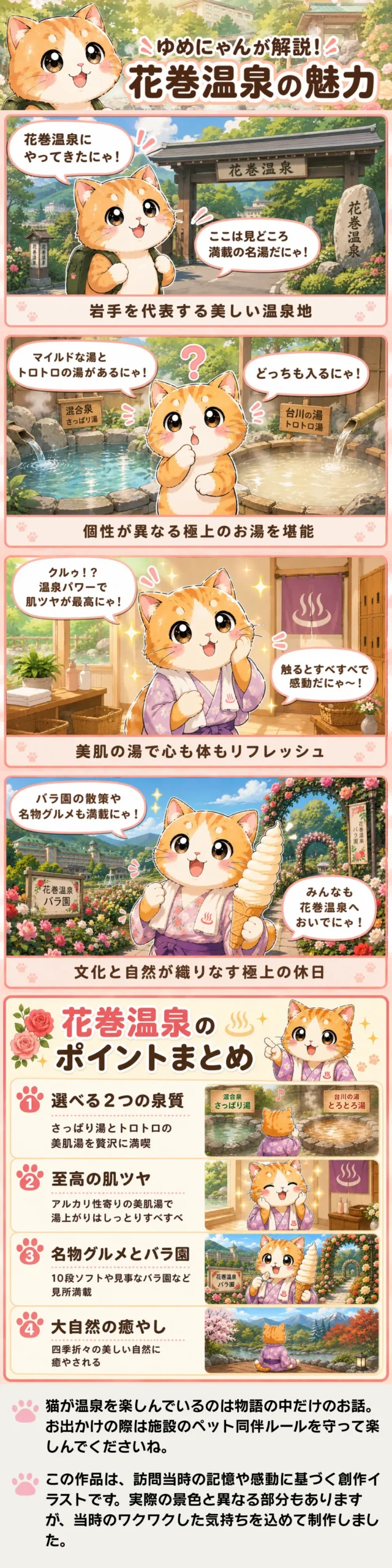 花巻温泉の魅力を詰め込んだ4コマ漫画。猫のゆめにゃんが２つの泉質、肌ツヤ、街歩きの楽しさを解説。