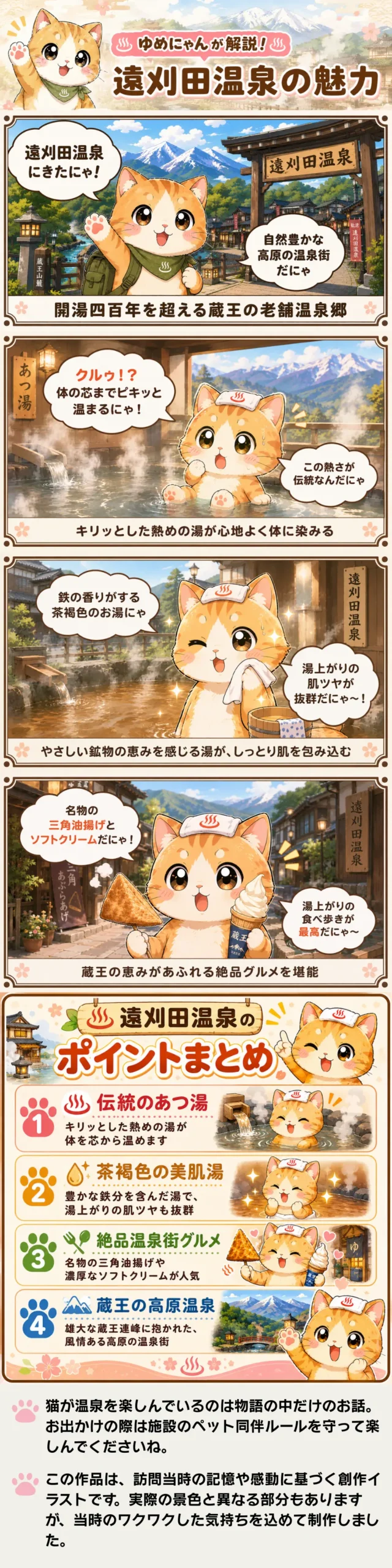 遠刈田温泉の魅力を詰め込んだ4コマ漫画。猫のゆめにゃんが、肌ツヤ潤う温泉や湯上がりのグルメを解説。
