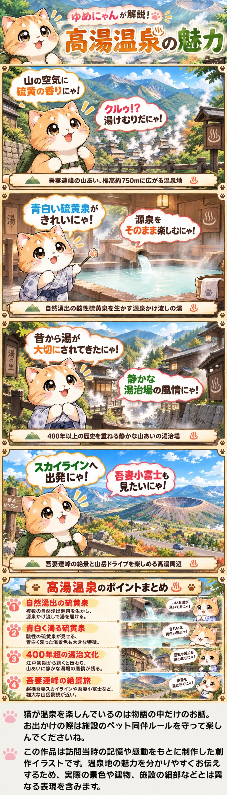 高湯温泉の魅力を詰め込んだ4コマ漫画。酸性硫黄泉や湯治文化、吾妻連峰の絶景を紹介。