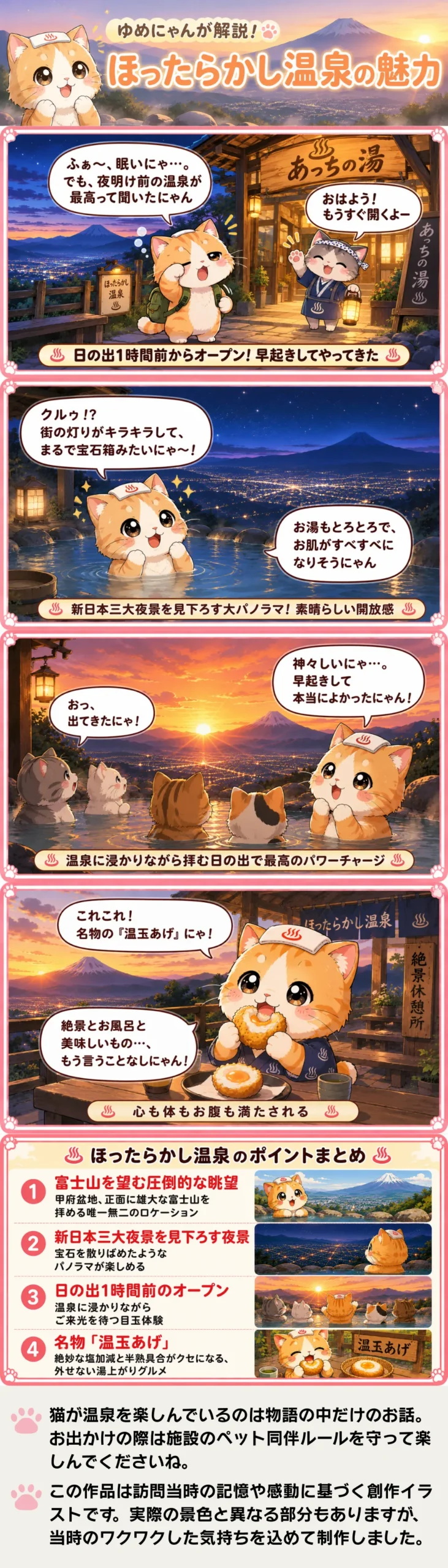 ほったらかし温泉の魅力を詰め込んだ4コマ漫画。ゆめにゃんが絶景と温泉、名物グルメを満喫する話。