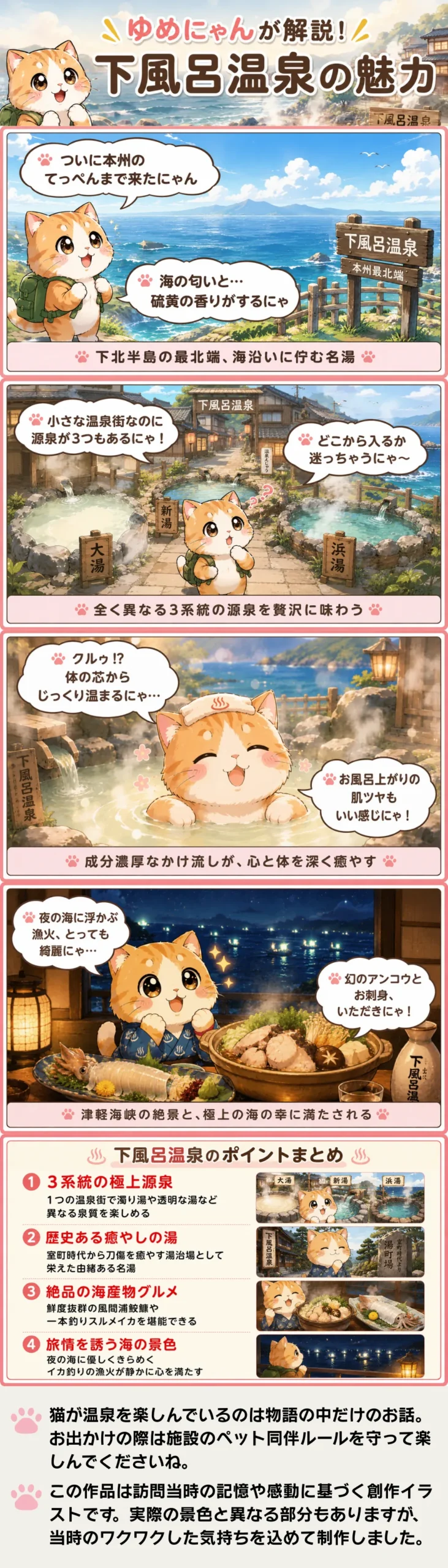 下風呂温泉の魅力を詰め込んだ4コマ漫画。猫のゆめにゃんが3つの異なる源泉や絶品グルメを紹介します。