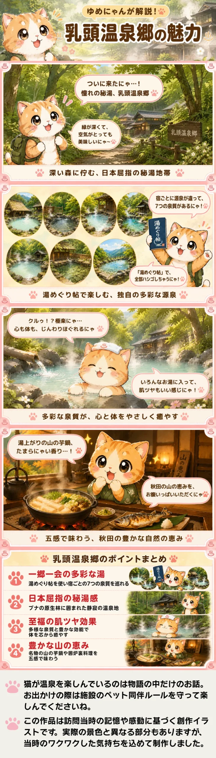 乳頭温泉郷の魅力を詰め込んだ4コマ漫画。ゆめにゃんが湯めぐり帖を片手に多彩な湯や山の恵みを紹介。