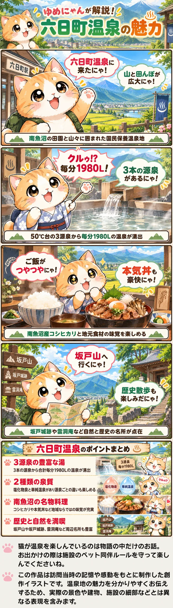 六日町温泉の魅力を詰め込んだ4コマ漫画。豊富な温泉と南魚沼の食、歴史と自然を紹介。