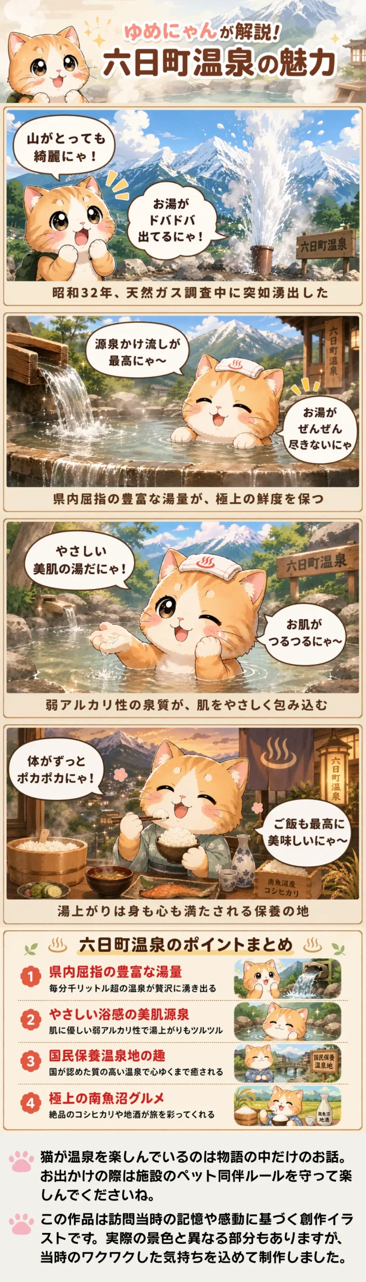 六日町温泉の魅力を詰め込んだ4コマ漫画。猫のゆめにゃんが豊かな湯量や美肌の湯、美味しいお米を紹介。
