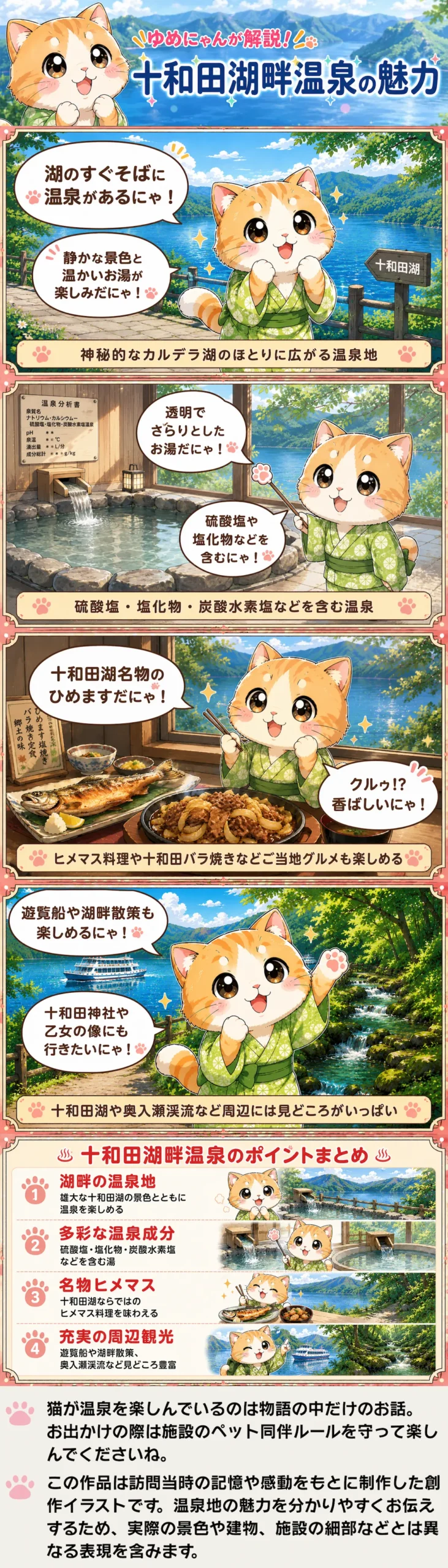 十和田湖畔温泉の魅力を詰め込んだ4コマ漫画。ゆめにゃんが泉質やひめます料理、周辺観光を紹介。