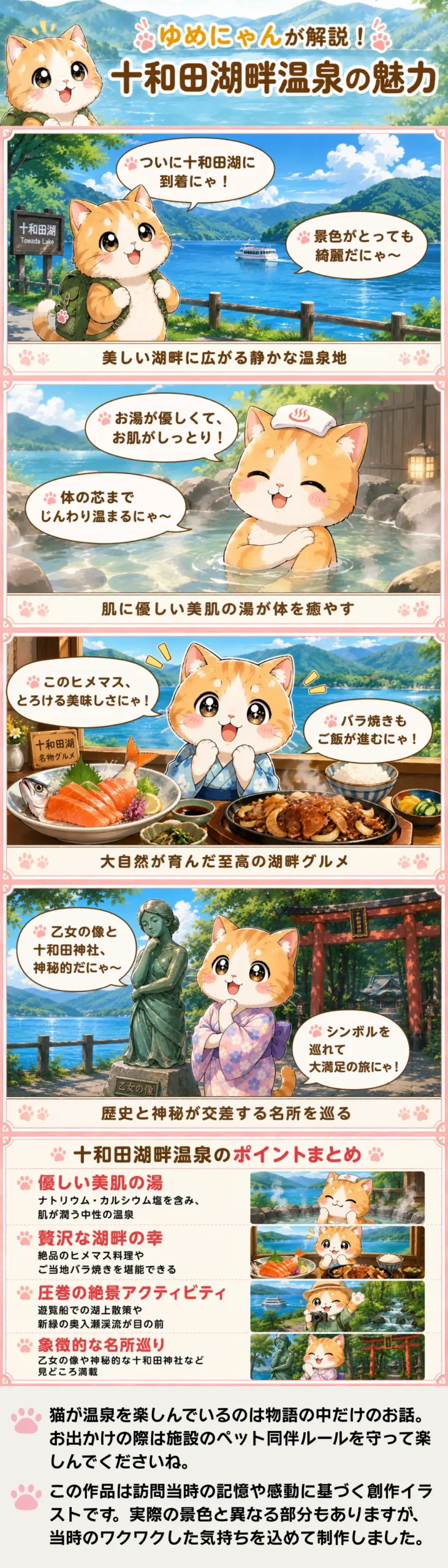 十和田湖畔温泉の魅力を詰め込んだ4コマ漫画。ゆめにゃんが温泉やグルメ、乙女の像、十和田神社を紹介する。