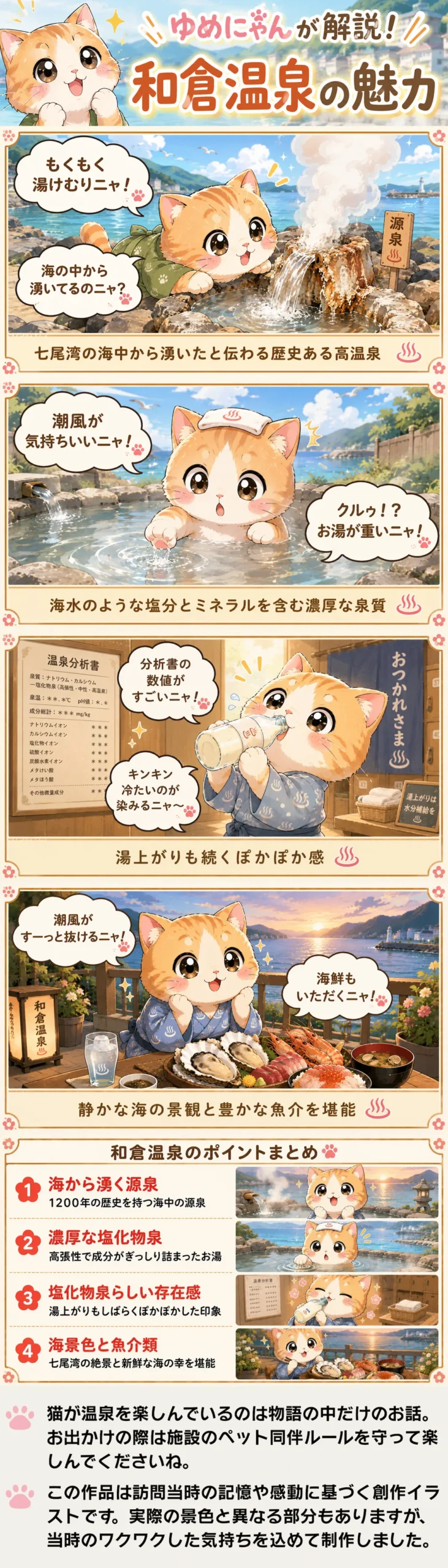 和倉温泉の魅力を詰め込んだ4コマ漫画。猫のゆめにゃんが濃厚な塩の湯と海の恵みを体感する様子。