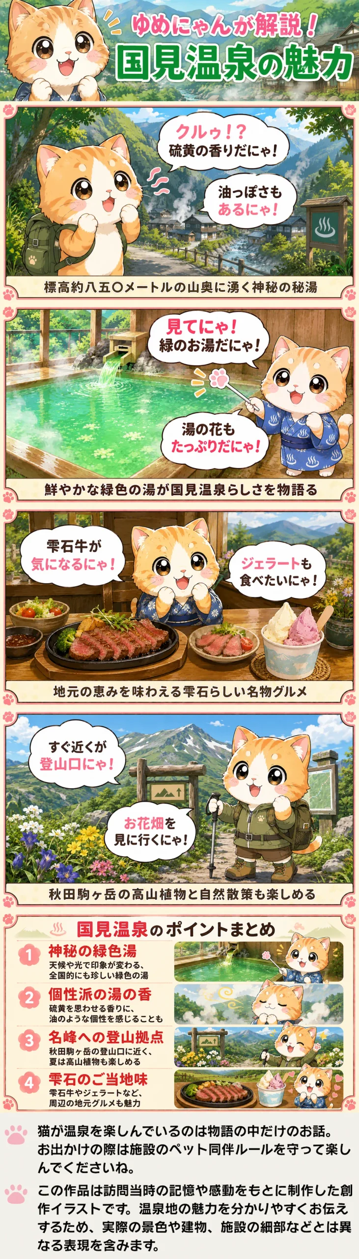 国見温泉の魅力を詰め込んだ4コマ漫画。山奥の緑湯、地元グルメ、秋田駒ヶ岳の自然を紹介。