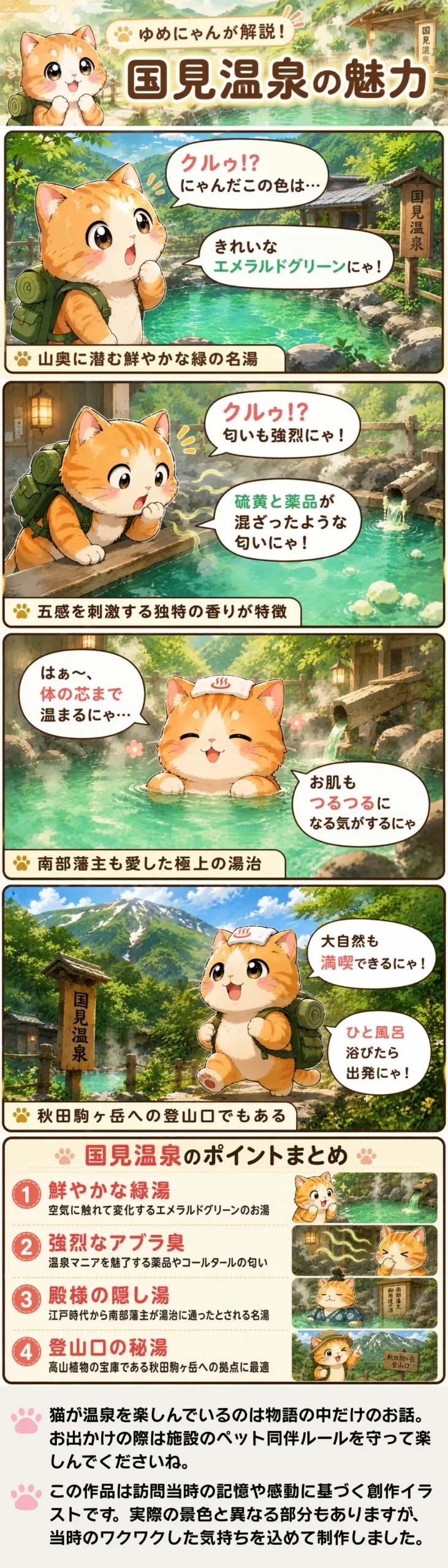 国見温泉の魅力を詰め込んだ4コマ漫画。猫のゆめにゃんが緑のお湯やアブラ臭、山の魅力を紹介します。