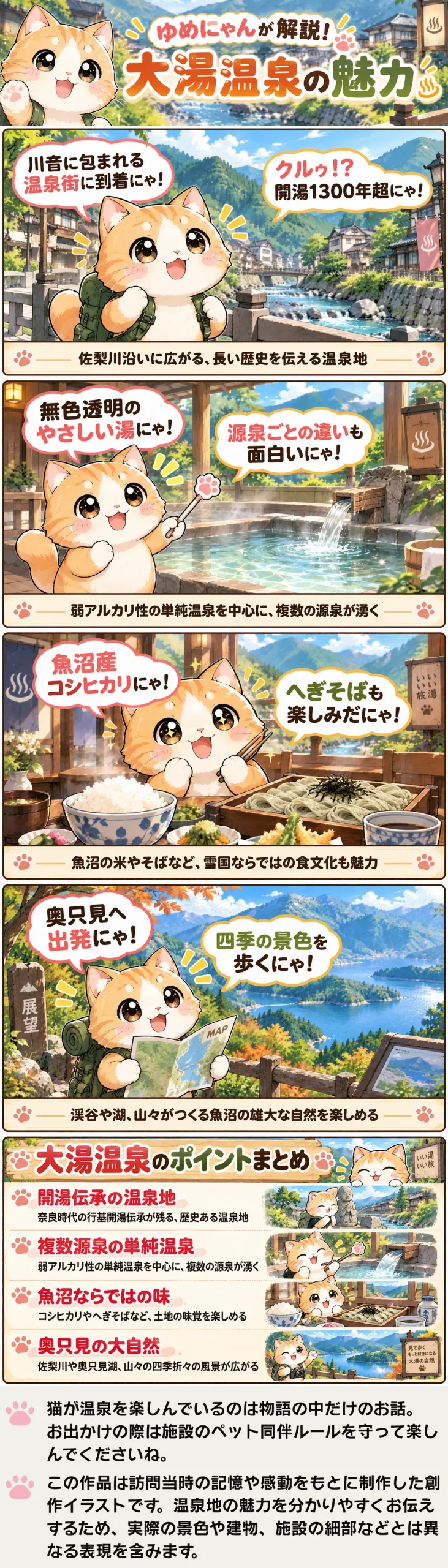 大湯温泉の魅力を詰め込んだ4コマ漫画。歴史、温泉、魚沼の味、奥只見の自然を紹介。