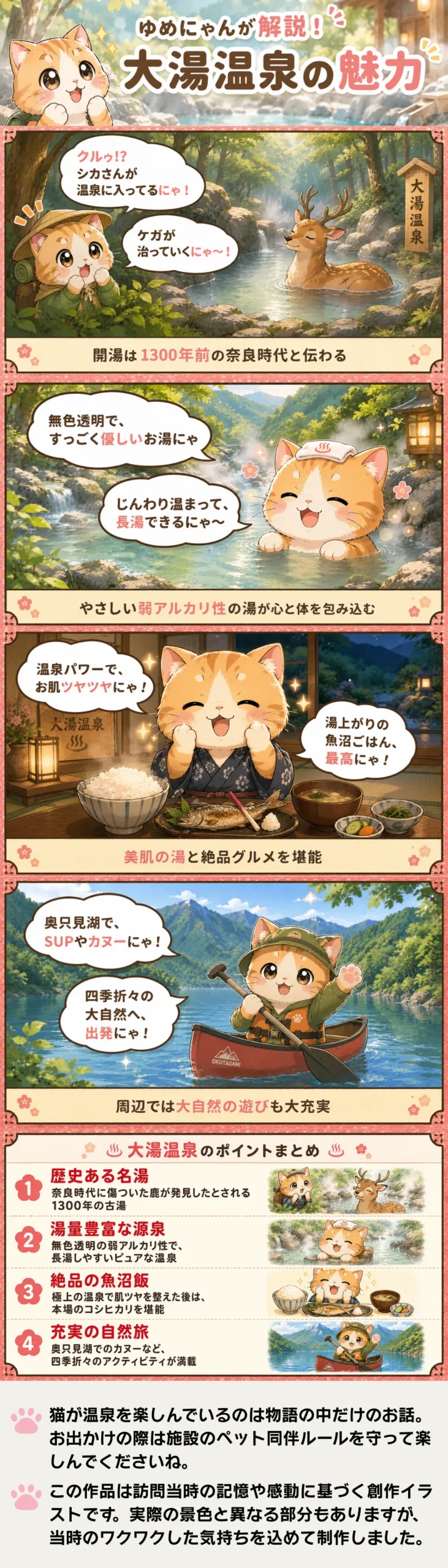 大湯温泉の魅力を詰め込んだ4コマ漫画。猫のゆめにゃんが歴史や泉質、グルメ、周辺観光を楽しく解説。