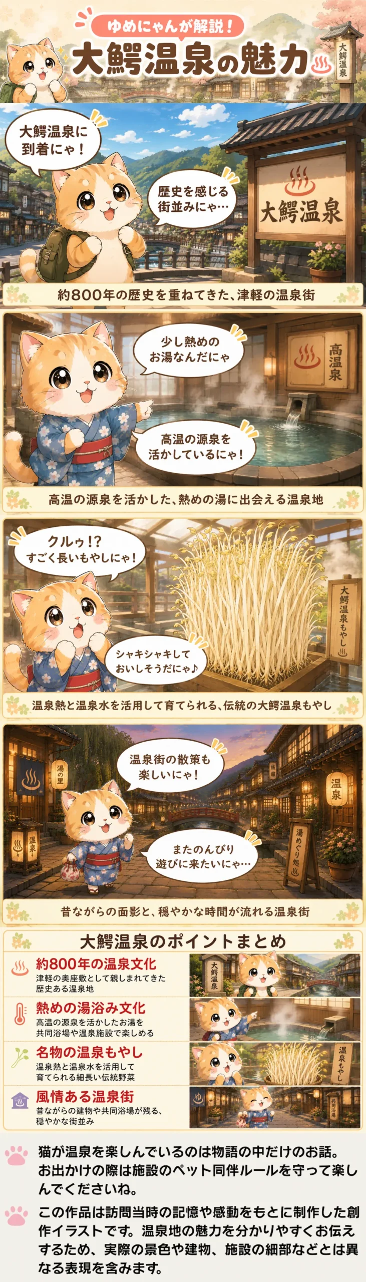 大鰐温泉の魅力を詰め込んだ4コマ漫画。猫のゆめにゃんが歴史や熱めの湯、名物もやしを紹介する内容。