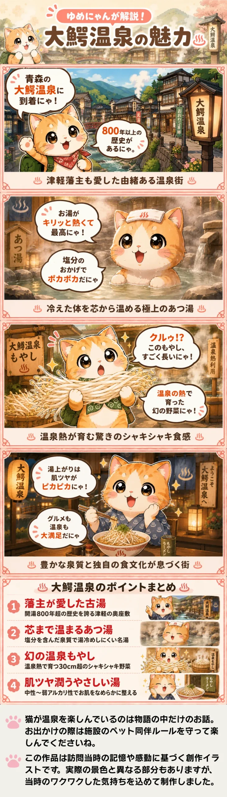 大鰐温泉の魅力を詰め込んだ4コマ漫画。猫のゆめにゃんが歴史ある熱湯と幻の温泉もやし、肌ツヤの良さを紹介。