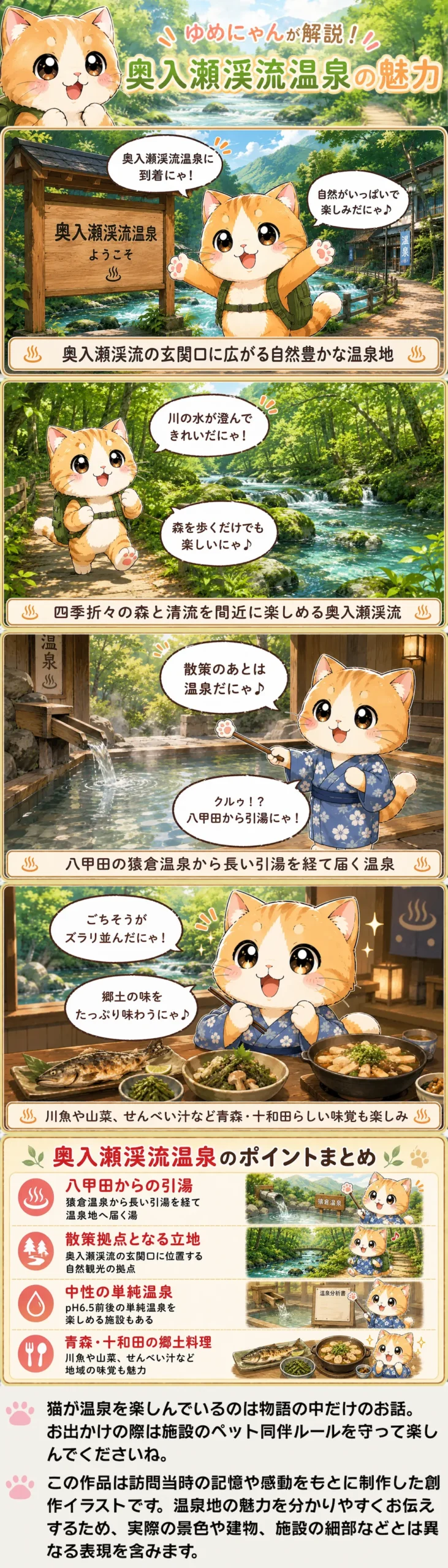 奥入瀬渓流温泉の魅力を詰め込んだ4コマ漫画。ゆめにゃんが散策や引湯、郷土料理を紹介。