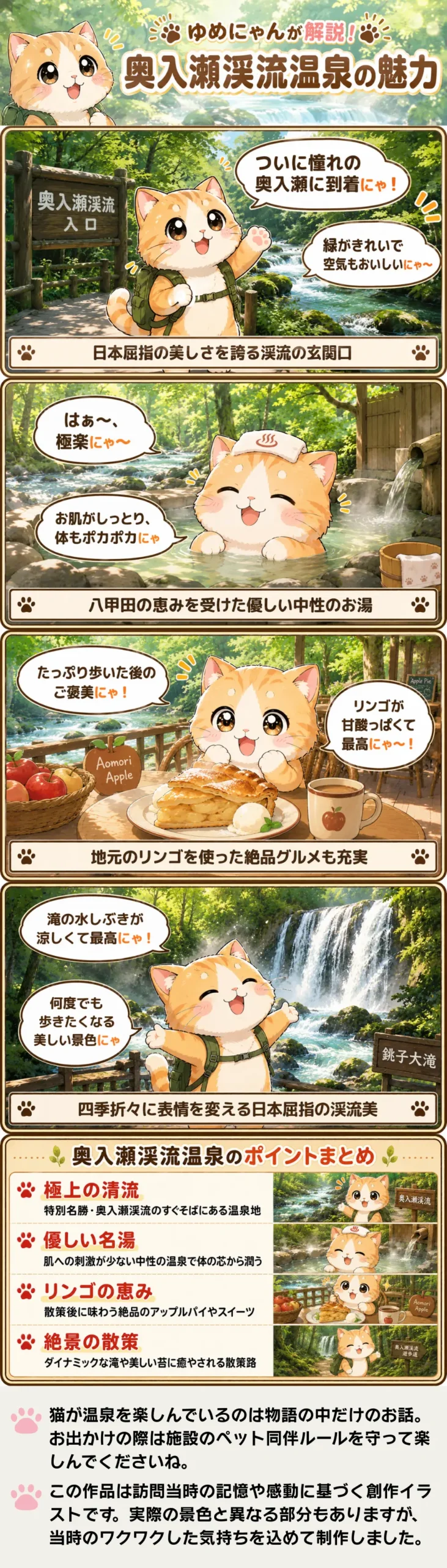 奥入瀬渓谷温泉の魅力を詰め込んだ4コマ漫画。猫のゆめにゃんが自然、温泉、グルメ、美しい散策路を紹介。