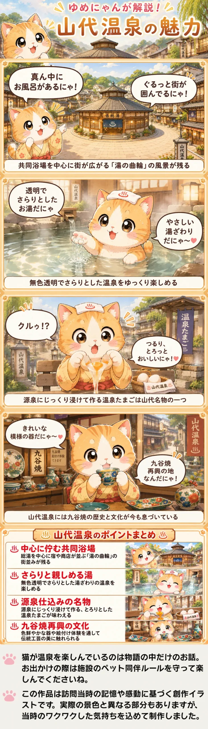 山代温泉の魅力を詰め込んだ4コマ漫画。ゆめにゃんが湯の曲輪の街並みや入浴、温泉たまごや九谷焼を楽しむ様子。