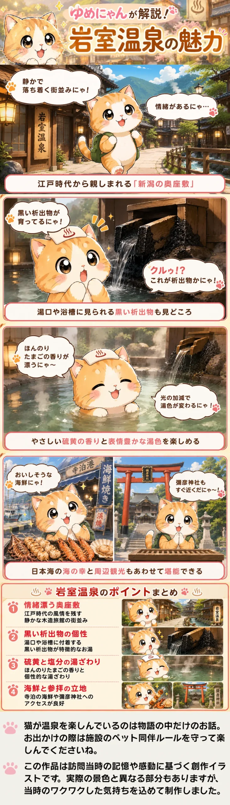 岩室温泉の魅力を詰め込んだ4コマ漫画。情緒ある街並み、黒い析出物、湯色や海の幸をゆめにゃんが紹介。