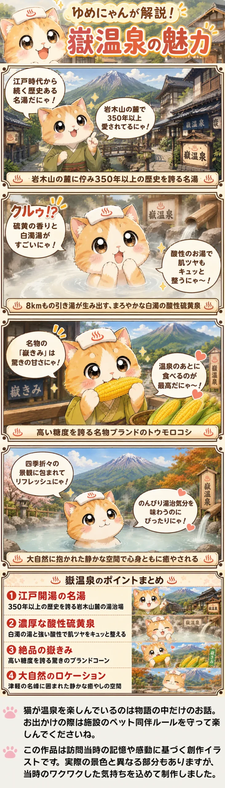 嶽温泉の魅力を詰め込んだ4コマ漫画。猫のゆめにゃんが歴史や濃厚な泉質、名物グルメを紹介。