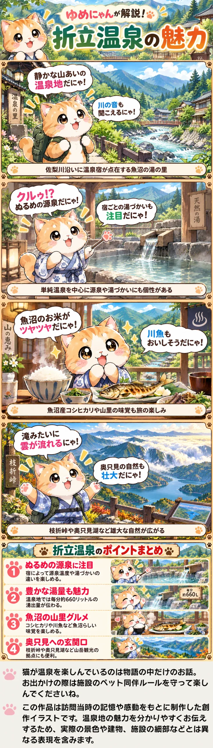 折立温泉の魅力を詰め込んだ4コマ漫画。ぬる湯や魚沼グルメ、奥只見の自然を紹介。