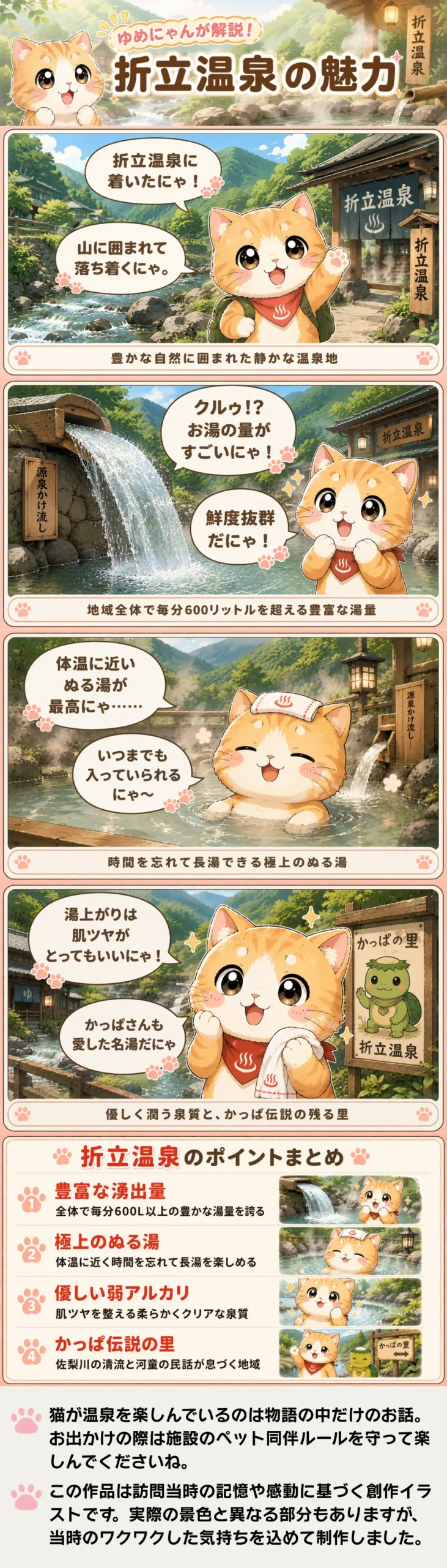 折立温泉の魅力を詰め込んだ4コマ漫画。猫のゆめにゃんが豊かな湯量と極上のぬる湯、肌ツヤ潤う魅力を紹介。