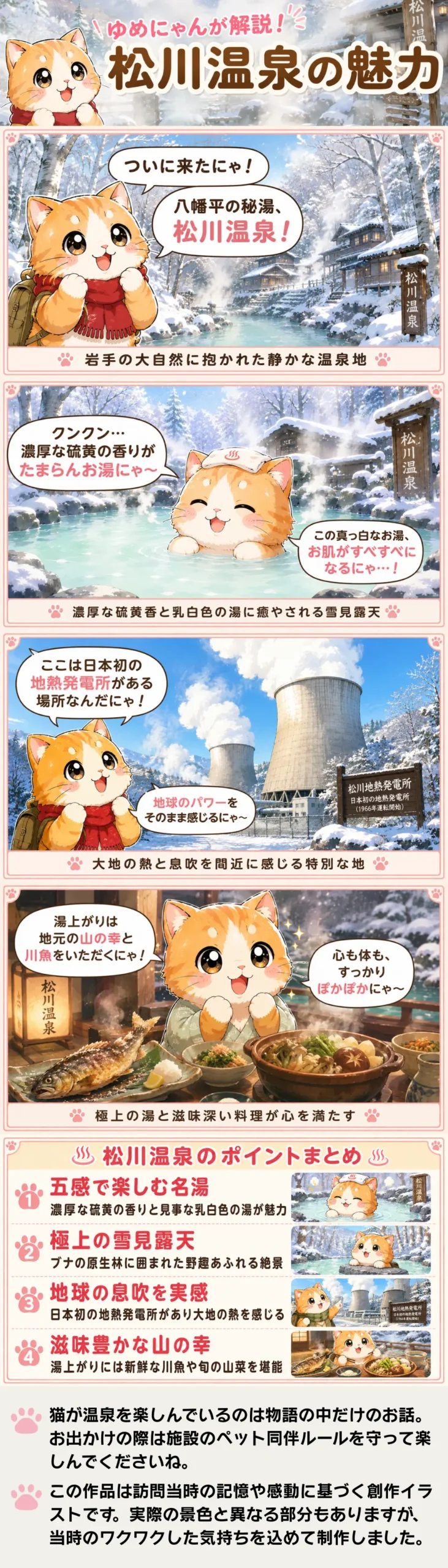 松川温泉の魅力を詰め込んだ4コマ漫画。猫のゆめにゃんが、乳白色の露天風呂や地熱発電、山の幸を紹介。