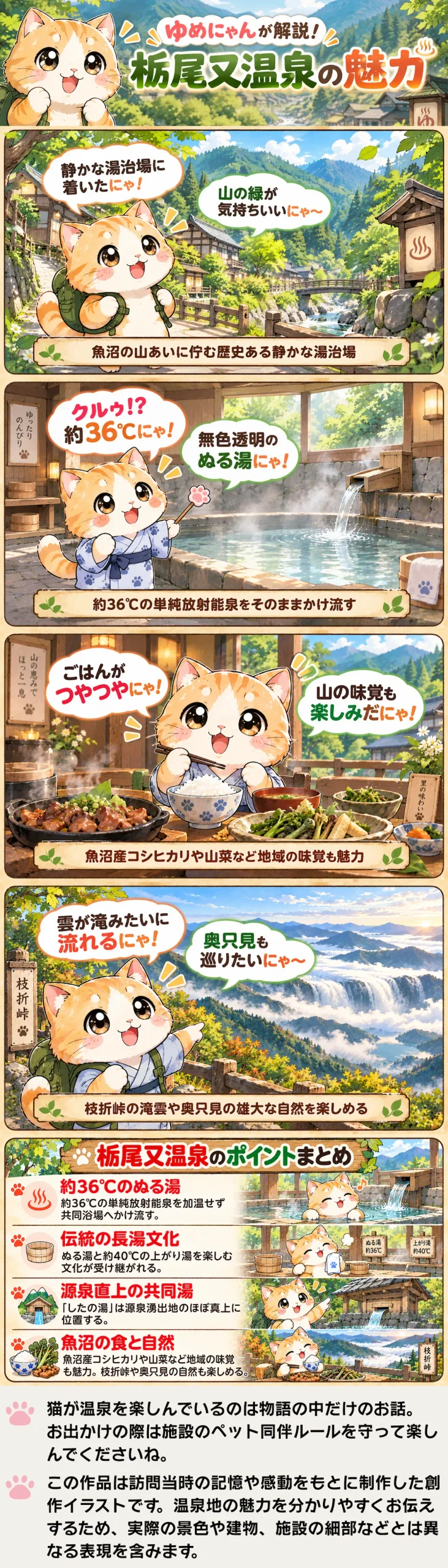 栃尾又温泉の魅力を詰め込んだ4コマ漫画。約36℃のぬる湯と魚沼の食、枝折峠の滝雲を紹介。