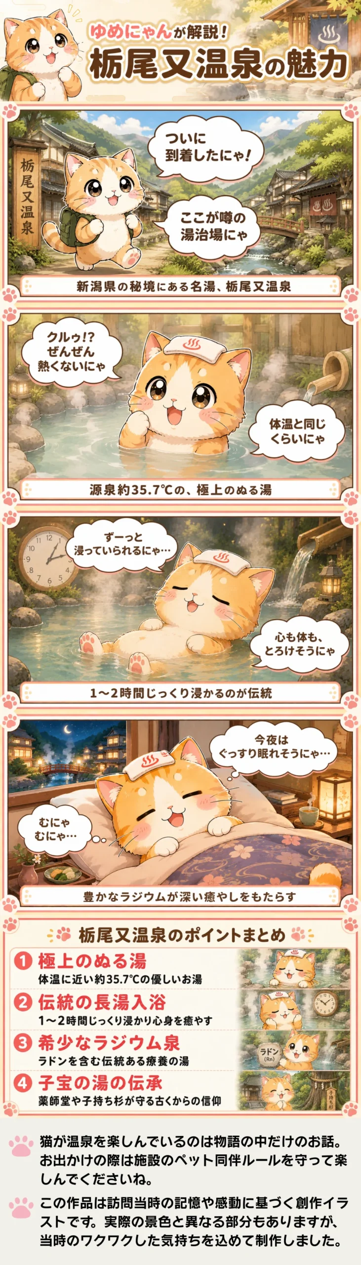 栃尾又温泉の魅力を詰め込んだ4コマ漫画。猫のゆめにゃんが伝統のぬる湯に長湯して、深く癒やされるお話。