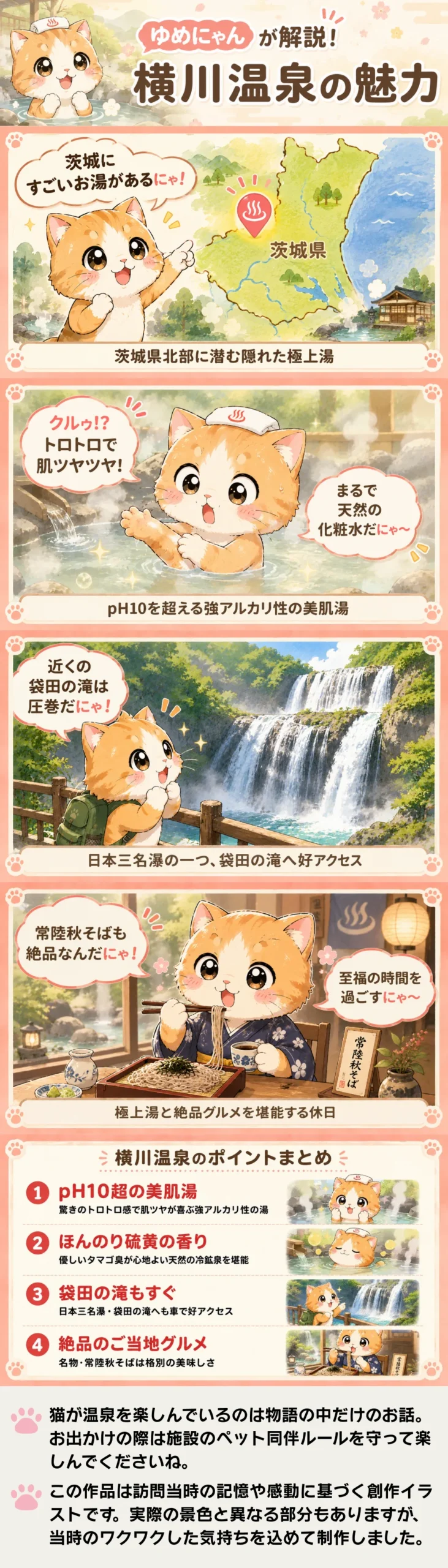 横川温泉の魅力を詰め込んだ4コマ漫画。猫のゆめにゃんが極上の美肌湯、袋田の滝、お蕎麦の魅力を紹介。