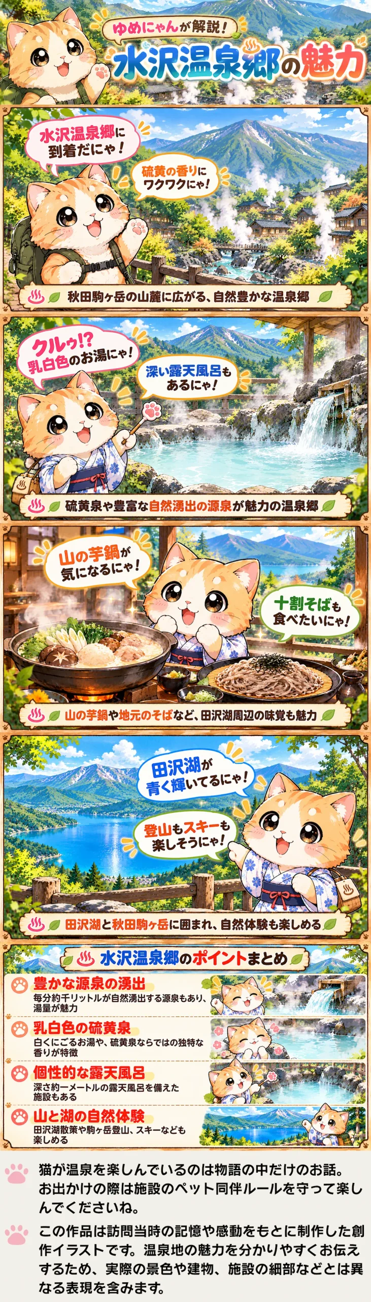 水沢温泉郷の魅力を詰め込んだ4コマ漫画。乳白色の硫黄泉や郷土料理、田沢湖の自然を紹介。