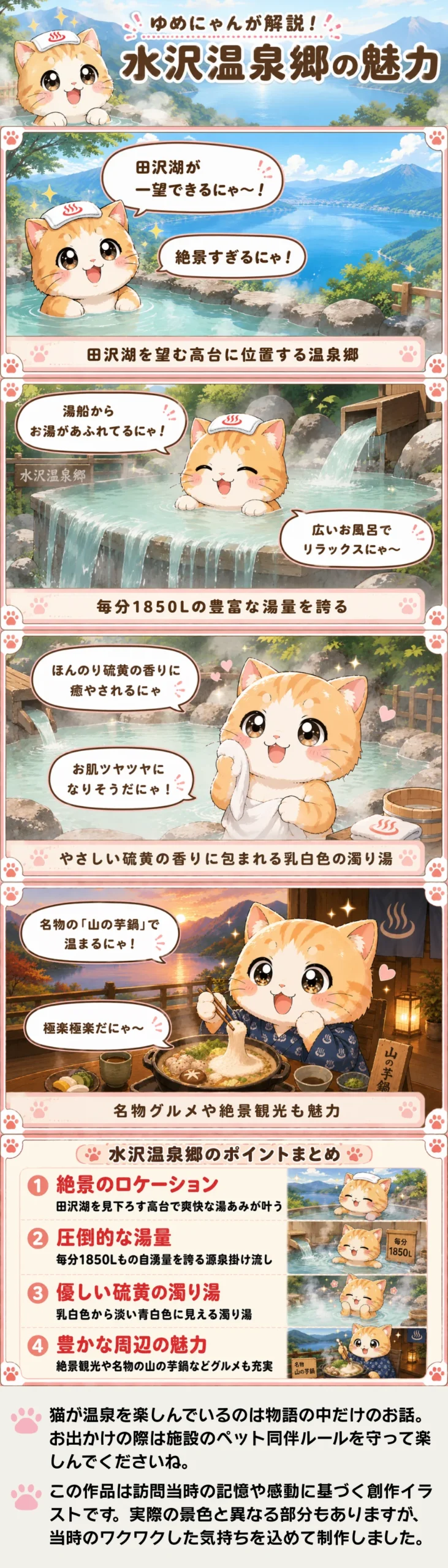 水沢温泉郷の魅力を詰め込んだ4コマ漫画。ゆめにゃんが湯量豊富な濁り湯や田沢湖の絶景を紹介。