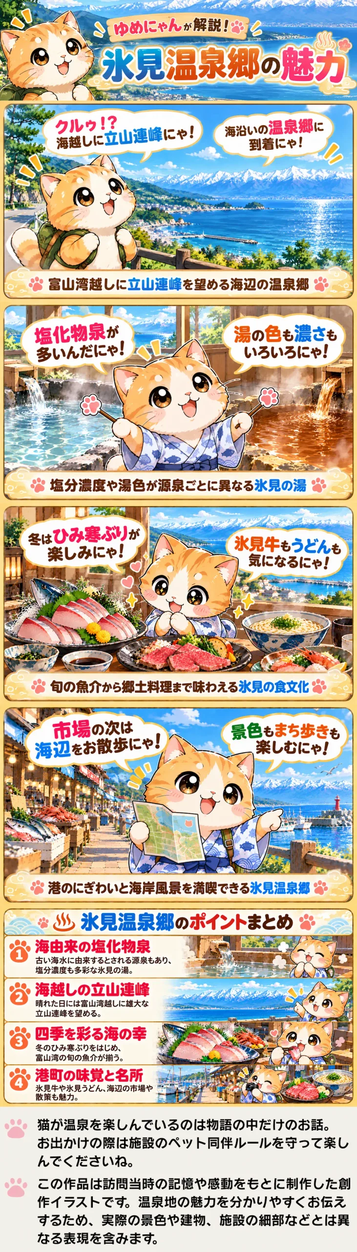 氷見温泉郷の魅力を詰め込んだ4コマ漫画。海越しの立山連峰、個性豊かな湯、海の幸と港町を紹介。