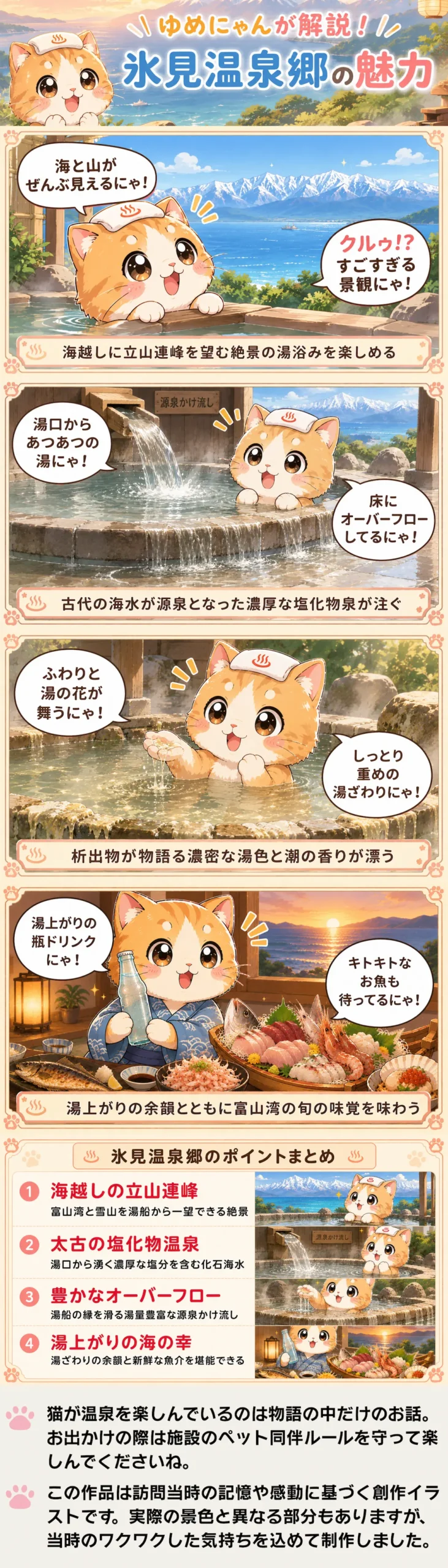 氷見温泉郷の魅力を詰め込んだ4コマ漫画。ゆめにゃんが絶景の露天風呂や濃厚な泉質、海の幸を紹介。