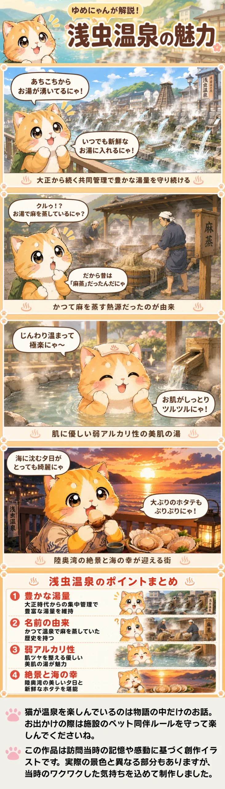 浅虫温泉の魅力を詰め込んだ4コマ漫画。猫のゆめにゃんが豊かな湯量や美肌の湯、海の幸を優しく紹介する内容。