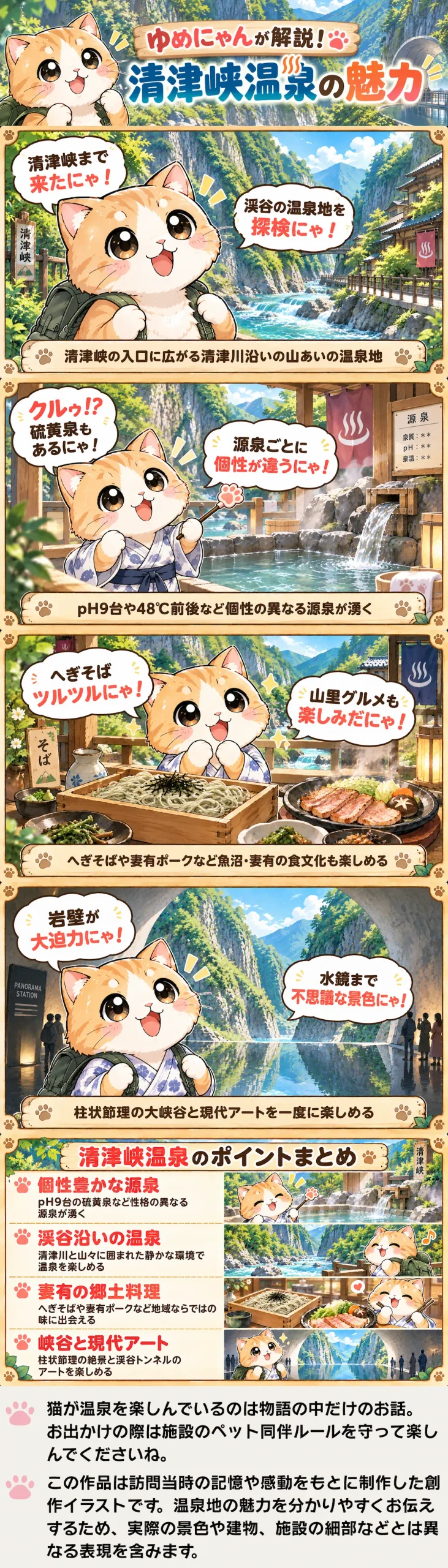 清津峡温泉の魅力を詰め込んだ4コマ漫画。硫黄泉や郷土料理、清津峡と現代アートを紹介。