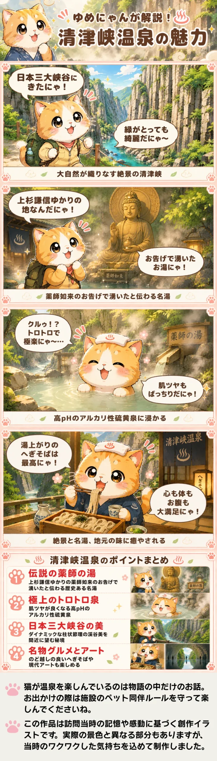 清津峡温泉の魅力を詰め込んだ4コマ漫画。ゆめにゃんが絶景、泉質、グルメなどの魅力を可愛く紹介。