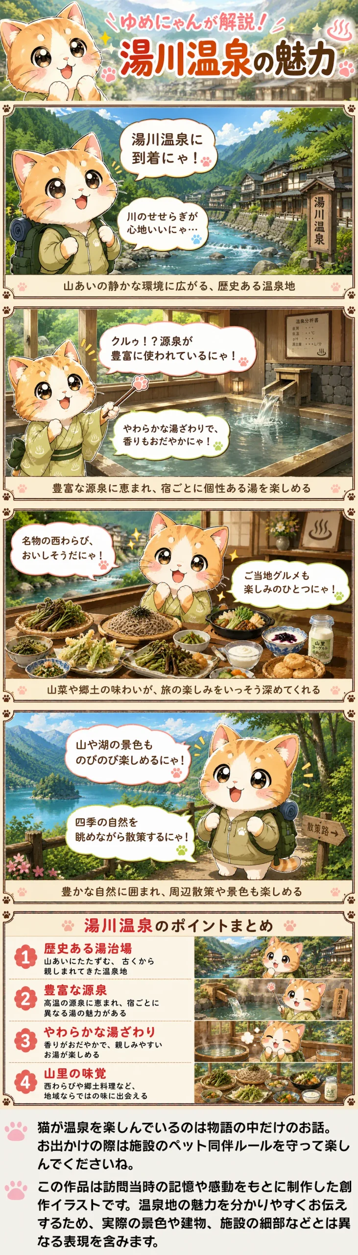 湯川温泉の魅力を詰め込んだ4コマ漫画。猫のゆめにゃんが湯やグルメ、豊かな自然の魅力を紹介。