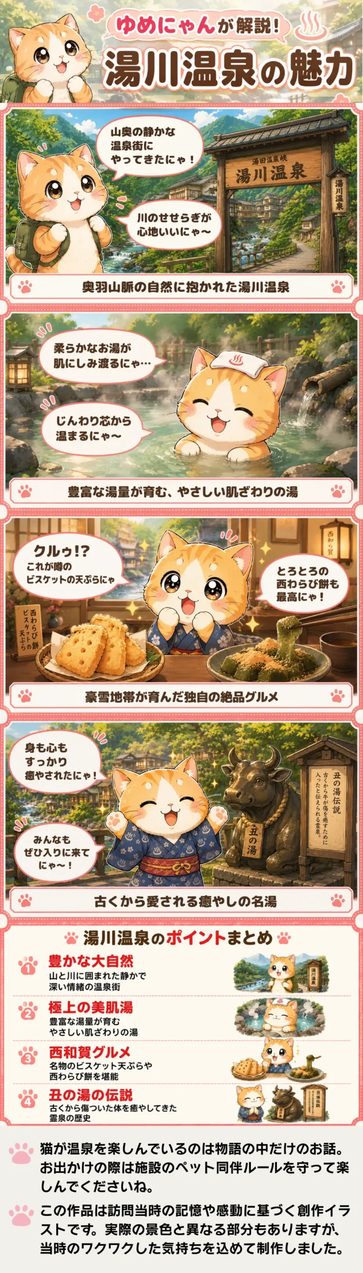 湯川温泉の魅力を詰め込んだ4コマ漫画。猫のゆめにゃんが温泉、グルメ、伝説を楽しく紹介しています。