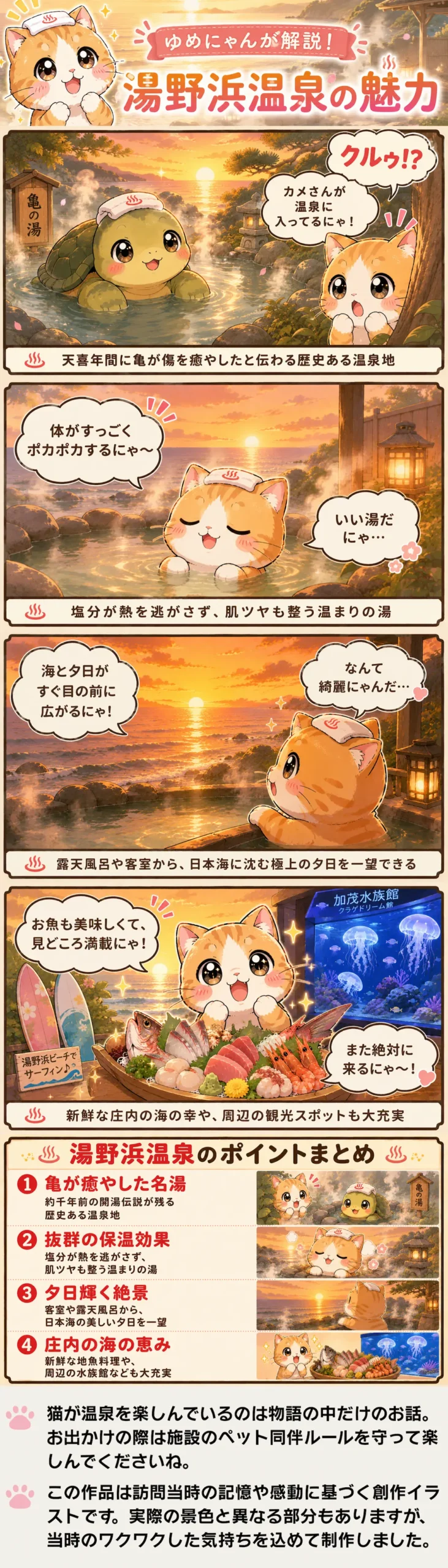 湯野浜温泉の魅力を詰め込んだ4コマ漫画。猫のゆめにゃんが歴史、泉質、夕日、グルメの凄さを解説します。