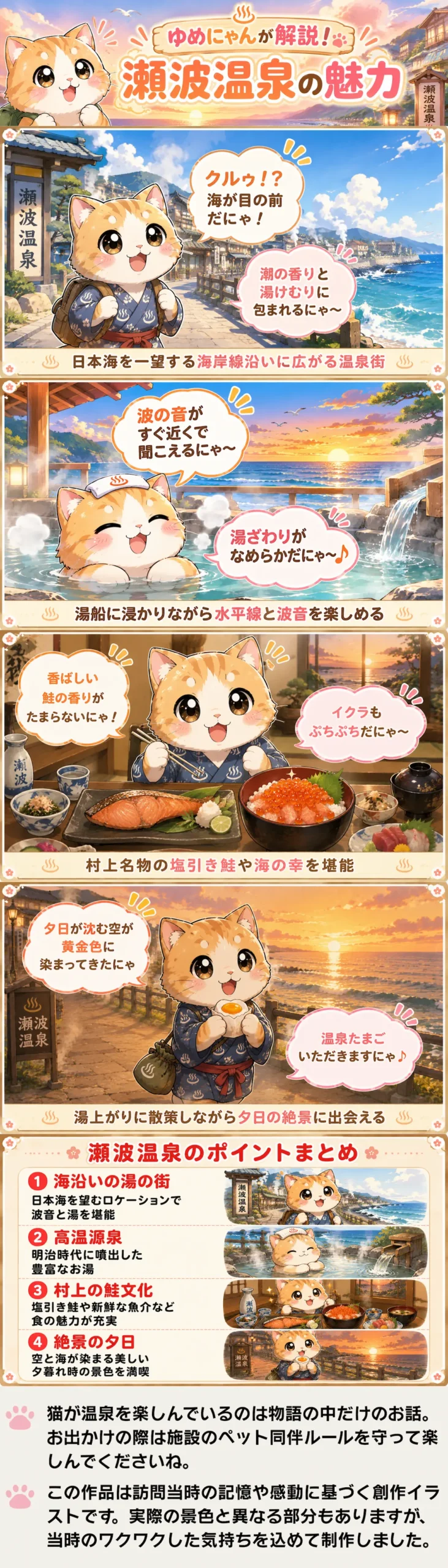 瀬波温泉の魅力を詰め込んだ4コマ漫画。猫のゆめにゃんが温泉、海鮮、夕日を楽しむ様子。