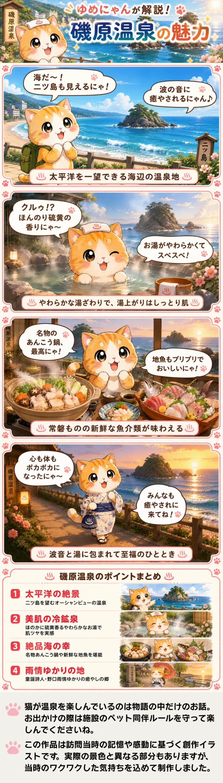 磯原温泉の魅力を詰め込んだ4コマ漫画。猫のゆめにゃんが絶景、美肌の湯、海の幸を紹介。