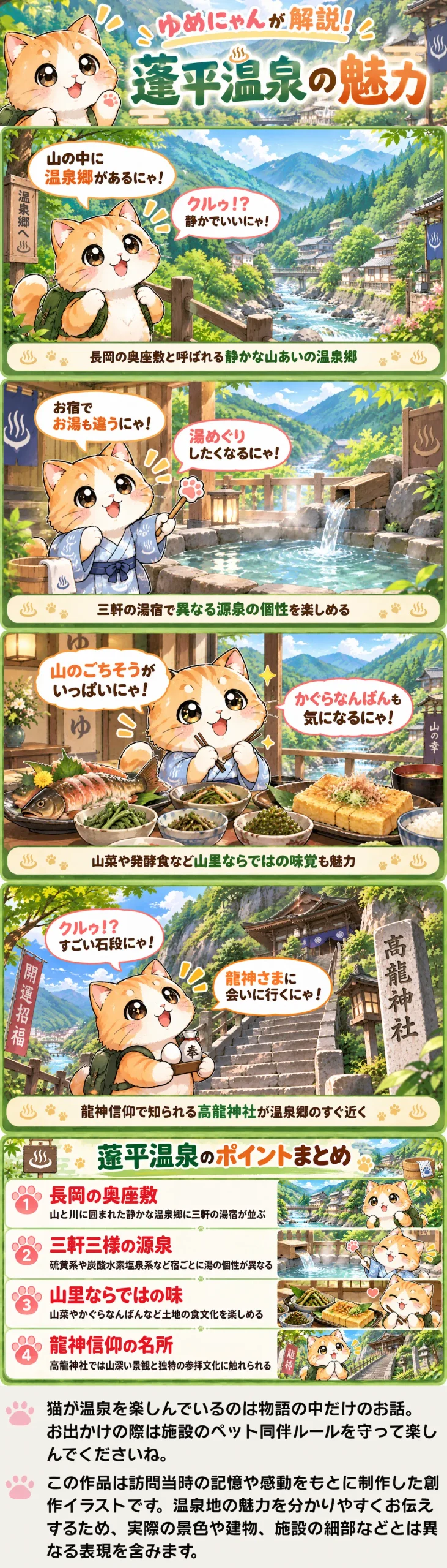 蓬平温泉の魅力を詰め込んだ4コマ漫画。三軒三様の湯と山里の食、高龍神社を紹介。