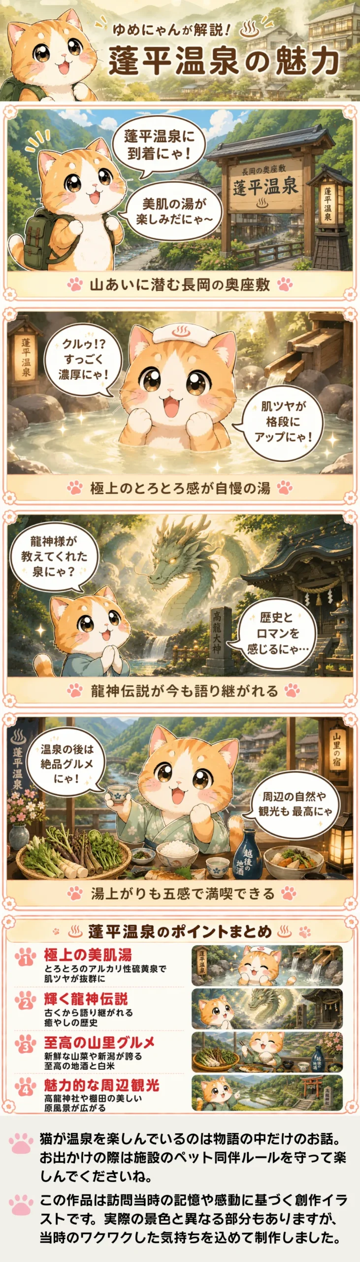 蓬平温泉の魅力を詰め込んだ4コマ漫画。猫のゆめにゃんが美肌の湯や龍神伝説、グルメを楽しく紹介。