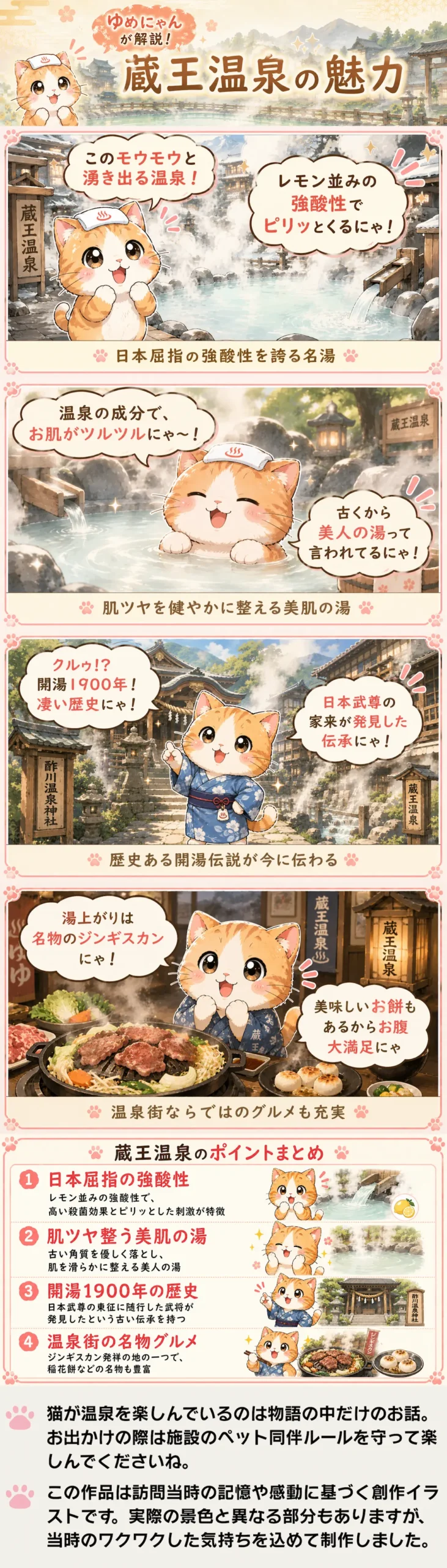 蔵王温泉の魅力を詰め込んだ4コマ漫画。猫のゆめにゃんが強酸性の泉質、歴史、グルメを分かりやすく紹介。